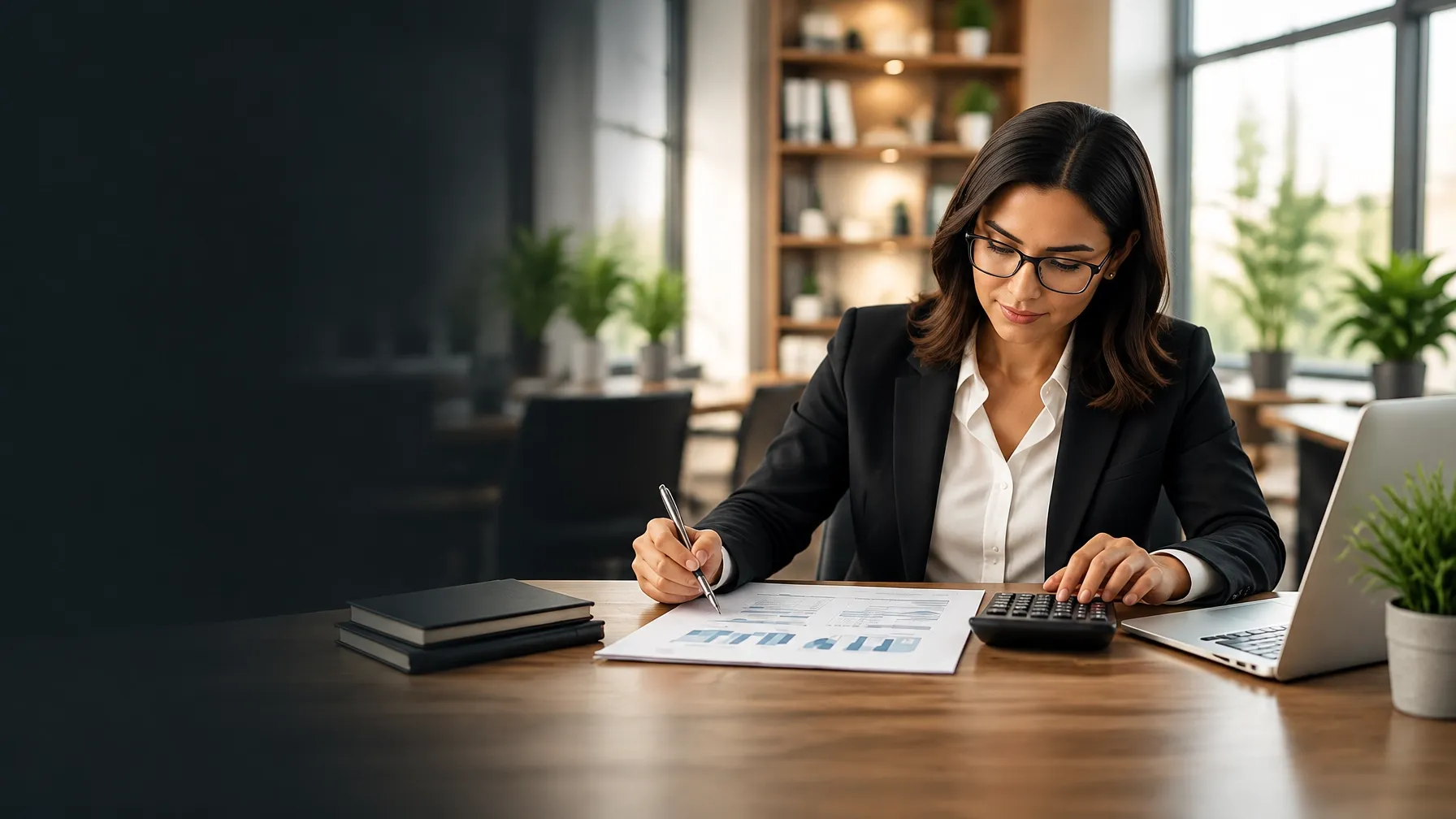 Accountant reviewing financial reports at a bright office desk